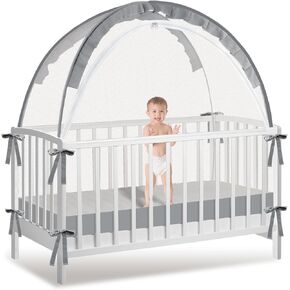 Crib Tent to Keep Baby from Climbing Out - Crib Net to Keep Baby in - Mesh Crib Climbing Prevention, Pop Up Baby Crib Tent, Two-Way Self-Locking Metal Zipper (White, Lager)