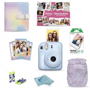 FujiFilm INSTAX Mini 12 (2024) Holiday Bundle + 4 AA Battery Pack + BluebirdSales Microfiber Cleaning Cloth (Pastel Blue)
