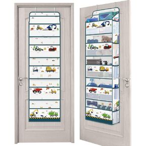 Clastyle White Truck Kids Over The Door Organizer with 5 Large Pockets Excavator Nursery Hanging Storage Organizer Clothes Diaper Toy Closet Door Hanging Shelf Storage for Bedroom Bathroom Pantry