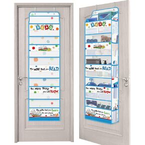 Clastyle Blue Quote Kids Over The Door Organizer with 5 Large Pockets White Nursery Hanging Storage Organizer for Clothes Diaper Toy Closet Door Hanging Shelf Storage for Bedroom Bathroom Pantry