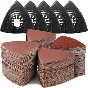 130Pcs Oscillating Tool Detail Sanding Pads Kit, 5Pcs Triangle Sanding Pads, 125Pcs Sandpaper, 60/80/120/180/240 Grits Hook & Loop Multitool Sandpaper for Wood/Plaster Other Surfaces Polish Sanding