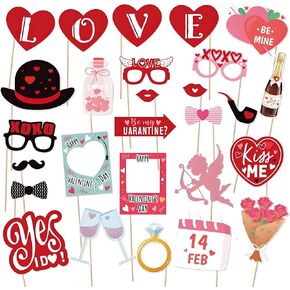 Valentine's Day Photo Booth Props Kit, 27 Pcs Red Pink Celebrate Valentine's Day Photo Props Glasses Kiss Wine Flower Diamond Ring for Photoshoot Valentine's Day Fun Props Wedding Party Decorations
