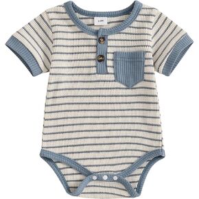 Douhoow Baby Boy Summer Romper Short Sleeve Baby Waffle Romper Striped Baby Bodysuit Infant Baby Jumpsuit with Pocket
