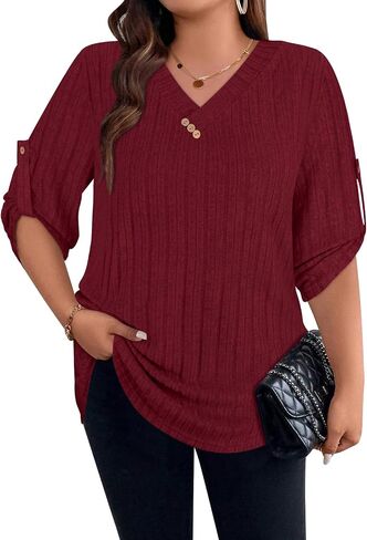 Luranee Women Plus Size Sevels 3/4 Drolled Sleeve Derts v Neck Nacual Lightweight Tunic Blouses XL-5XL in Saudi Arabia