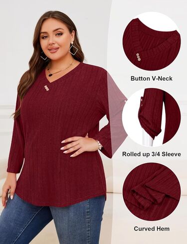 Luranee Women Plus Size Sevels 3/4 Drolled Sleeve Derts v Neck Nacual Lightweight Tunic Blouses XL-5XL in Saudi Arabia