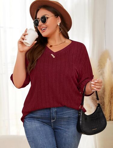 Luranee Women Plus Size Sevels 3/4 Drolled Sleeve Derts v Neck Nacual Lightweight Tunic Blouses XL-5XL in Saudi Arabia