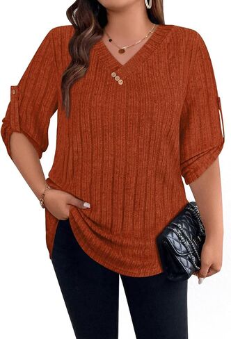 Luranee Women Plus Size Sevels 3/4 Drolled Sleeve Derts v Neck Nacual Lightweight Tunic Blouses XL-5XL in Saudi Arabia
