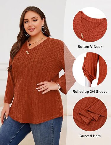 Luranee Women Plus Size Sevels 3/4 Drolled Sleeve Derts v Neck Nacual Lightweight Tunic Blouses XL-5XL in Saudi Arabia