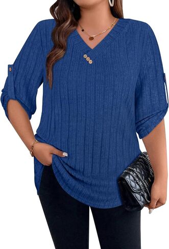 Luranee Women Plus Size Sevels 3/4 Drolled Sleeve Derts v Neck Nacual Lightweight Tunic Blouses XL-5XL in Saudi Arabia