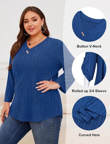 Luranee Women Plus Size Sevels 3/4 Drolled Sleeve Derts v Neck Nacual Lightweight Tunic Blouses XL-5XL in Saudi Arabia