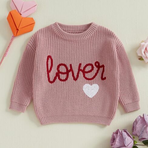 Lesimsam Toddler Baby Boy Girl Valentines Day Outfit Heart/Letter Terbroidery Long Sleeve Sweater Sweater Topshirt Top Top in Saudi Arabia