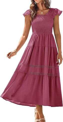 GRACE KARIN Womens Summer Dress Casual 2025 Flutter Sleeve Square Neck Smocked Boho Beach Dresses Tiered Midi Long Sundress in Saudi Arabia