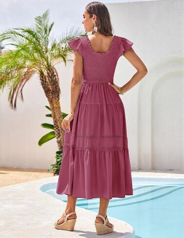 GRACE KARIN Womens Summer Dress Casual 2025 Flutter Sleeve Square Neck Smocked Boho Beach Dresses Tiered Midi Long Sundress in Saudi Arabia