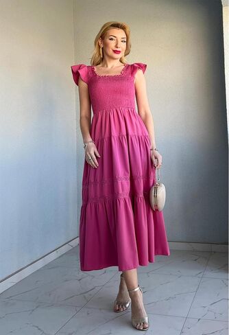 GRACE KARIN Womens Summer Dress Casual 2025 Flutter Sleeve Square Neck Smocked Boho Beach Dresses Tiered Midi Long Sundress in Saudi Arabia