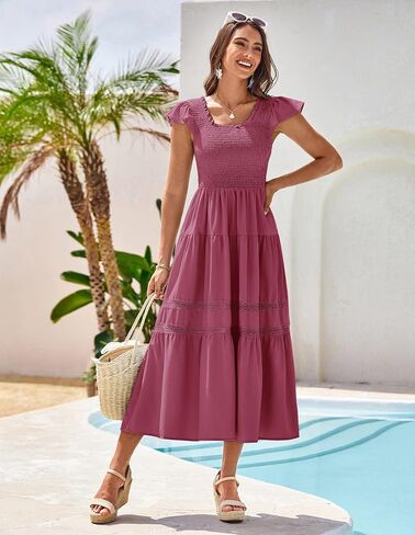 GRACE KARIN Womens Summer Dress Casual 2025 Flutter Sleeve Square Neck Smocked Boho Beach Dresses Tiered Midi Long Sundress in Saudi Arabia
