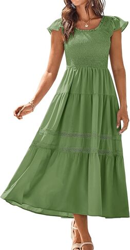 GRACE KARIN Womens Summer Dress Casual 2025 Flutter Sleeve Square Neck Smocked Boho Beach Dresses Tiered Midi Long Sundress in Saudi Arabia