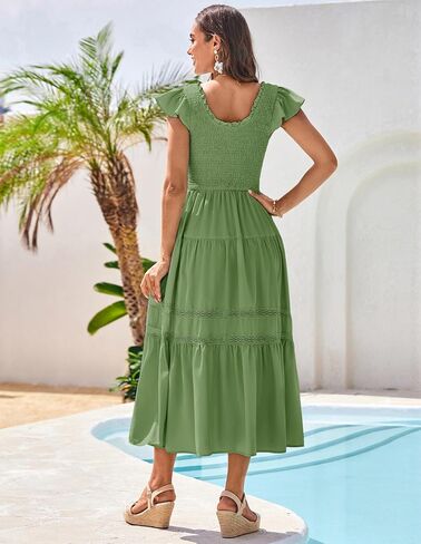 GRACE KARIN Womens Summer Dress Casual 2025 Flutter Sleeve Square Neck Smocked Boho Beach Dresses Tiered Midi Long Sundress in Saudi Arabia