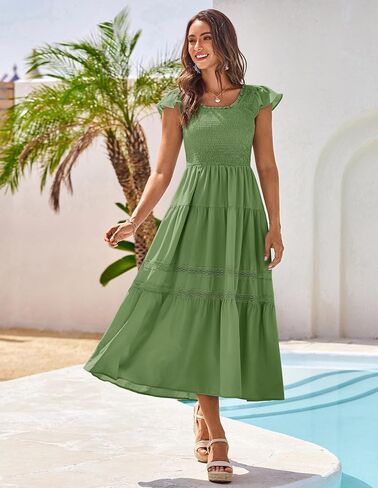 GRACE KARIN Womens Summer Dress Casual 2025 Flutter Sleeve Square Neck Smocked Boho Beach Dresses Tiered Midi Long Sundress in Saudi Arabia