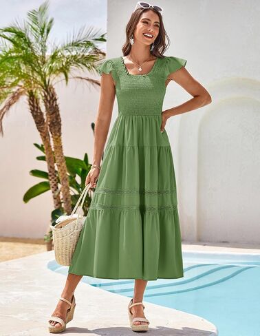 GRACE KARIN Womens Summer Dress Casual 2025 Flutter Sleeve Square Neck Smocked Boho Beach Dresses Tiered Midi Long Sundress in Saudi Arabia
