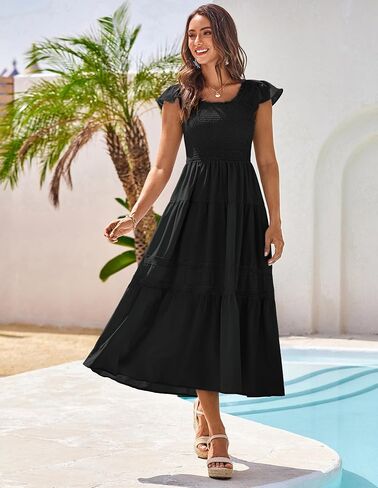 Grace Karin Womens Summer Dress Discal 2025 Flutter Square Square Neck Squared Smoocked Boho Beach Dresses Tier Midi Long Sundress in Kuwait