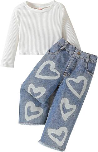 Toddler Girls Clothes 2T 3T 4T 5T Ribbed Baby Kids Girl Denim Outfits Long Sleeve Tops Love Hearts Jeans Pants in Saudi Arabia