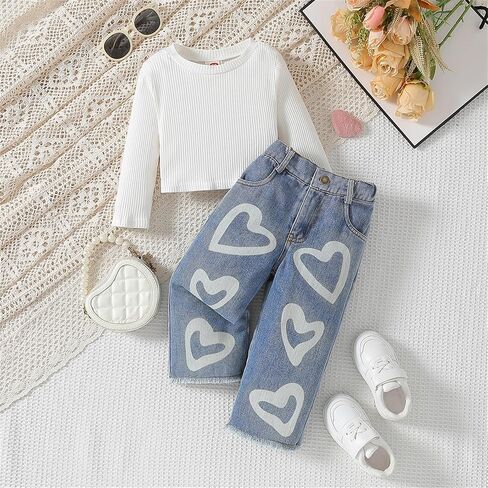 Toddler Girls Clothes 2T 3T 4T 5T Ribbed Baby Kids Girl Denim Outfits Long Sleeve Tops Love Hearts Jeans Pants in Saudi Arabia