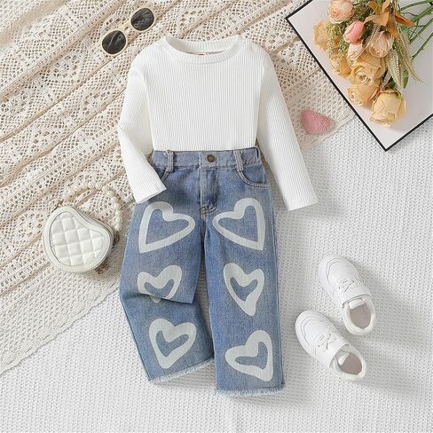 Toddler Girls Clothes 2T 3T 4T 5T Ribbed Baby Kids Girl Denim Outfits Long Sleeve Tops Love Hearts Jeans Pants in Saudi Arabia