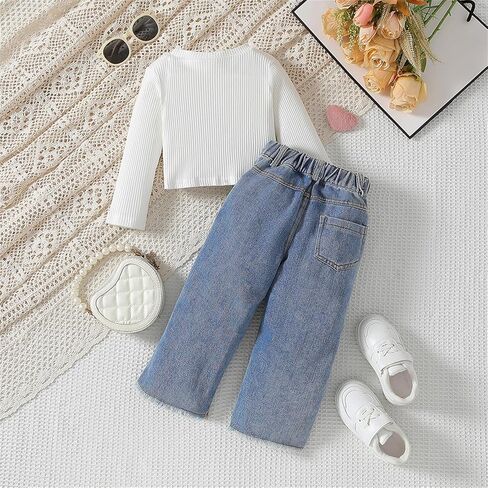 Toddler Girls Clothes 2T 3T 4T 5T Ribbed Baby Kids Girl Denim Outfits Long Sleeve Tops Love Hearts Jeans Pants in Saudi Arabia