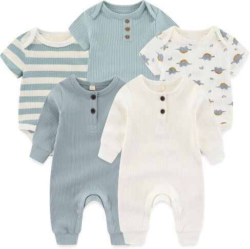 Ruliby Baby Bodysuit Ribbed Romper 5-pcs Soft Unisex Boy Girl Outfit Clothes Set 0-12 momth in Saudi Arabia