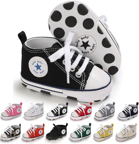Unisex Baby Boys Girls Shoes, Newborn Infant Non-Slip Canvas Denim High Top Sneakers, Toddler First Walkers Shoes in Saudi Arabia
