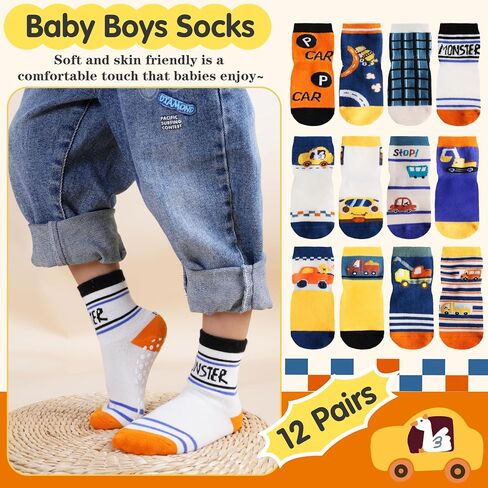 12 Pairs Baby Boys Girls Toddlers Grips Socks Kids Non Skid Anti Slip Cotton Crew Socks in Saudi Arabia
