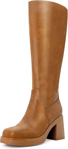 Knee High Boots for Women Square Toe Tall Boots Chunky Heeled Fashion High Boots with Side Zipper in Kuwait