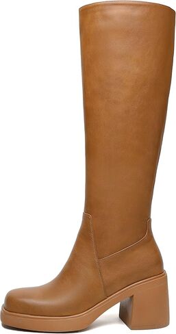 Knee High Boots for Women Square Toe Tall Boots Chunky Heeled Fashion High Boots with Side Zipper in Kuwait