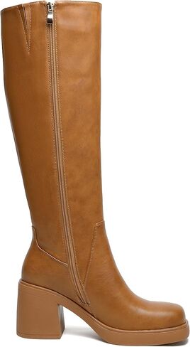 Knee High Boots for Women Square Toe Tall Boots Chunky Heeled Fashion High Boots with Side Zipper in Kuwait