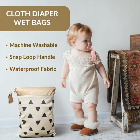 Cloth Diaper Wet Bags – Waterproof & Reusable Bag with 2 Zippered Pockets, 100% Polyester with Handle, Perfect for Stroller, Travel, Baby Essentials & Breast Pump Storage (Sand Triangular) in Saudi Arabia