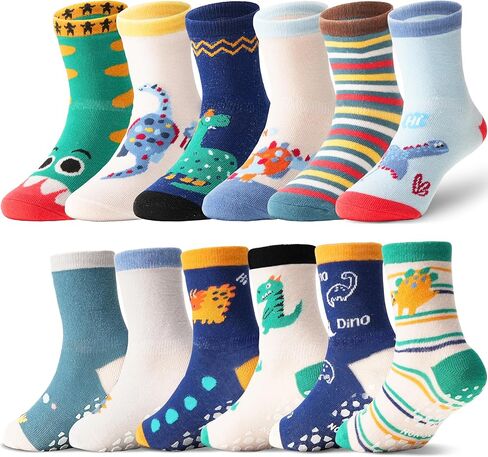 ANTSANG 12 Pairs Baby Girls Boys Toddlers Kids Grips Socks Crew Cotton Non-Slip/Anti-Skid Grips Socks in Kuwait