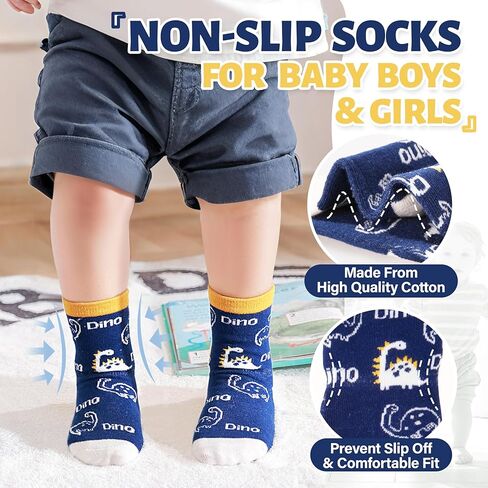 ANTSANG 12 Pairs Baby Girls Boys Toddlers Kids Grips Socks Crew Cotton Non-Slip/Anti-Skid Grips Socks in Kuwait