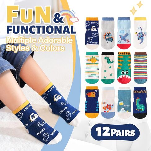ANTSANG 12 Pairs Baby Girls Boys Toddlers Kids Grips Socks Crew Cotton Non-Slip/Anti-Skid Grips Socks in Kuwait