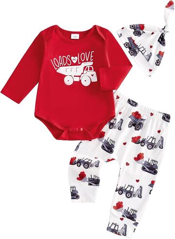 Newborn Baby Boy Valentines Day Outfit Letter Print Long Sleeve Romper Cart Love Heart Pants Hat Set 3Pcs Clothes in Saudi Arabia