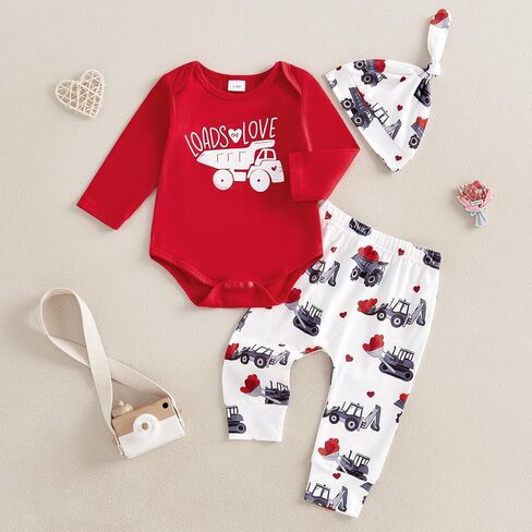 Newborn Baby Boy Valentines Day Outfit Letter Print Long Sleeve Romper Cart Love Heart Pants Hat Set 3Pcs Clothes in Saudi Arabia