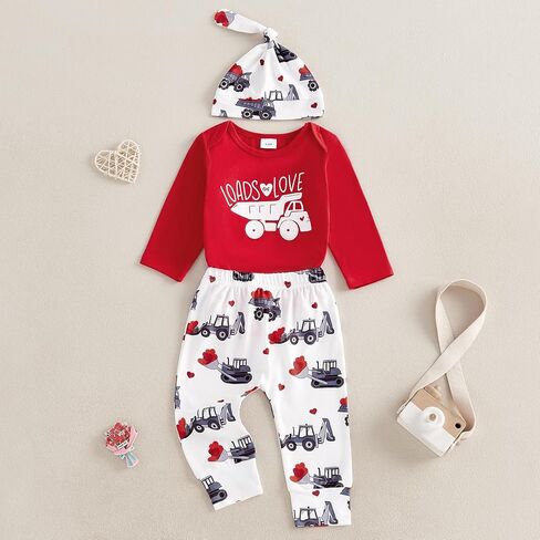 Newborn Baby Boy Valentines Day Outfit Letter Print Long Sleeve Romper Cart Love Heart Pants Hat Set 3Pcs Clothes in Saudi Arabia