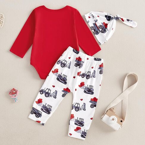 Newborn Baby Boy Valentines Day Outfit Letter Print Long Sleeve Romper Cart Love Heart Pants Hat Set 3Pcs Clothes in Saudi Arabia