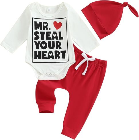Newborn Baby Boy Valentines Day Outfit Letter Print Long Sleeve Romper Cart Love Heart Pants Hat Set 3Pcs Clothes in Saudi Arabia