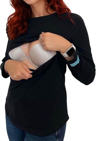 Long Sleeve Horizontal Zip Tee, Cotton, Zipper Nursing Top - Non-Pilling Fabric, Comfortable Breastfeeding Shirts in Saudi Arabia