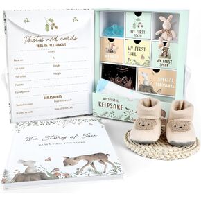 Baby Keepsake Box Baby Memory Book Jungle Woodland Animal Memory Organizer Box with 9 Labeled Compartments Gifts for Boy Girl First 5 Year Scrapbook Journal Photo Album Baby Shower for Mom Gifts