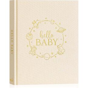 Lanpn Hello Baby Memory Book for Boy Girl - Linen Hardcover Baby Book Keepsake for New Parents - Newborn Baby First 5 Year Journal Scrapbook Photo Album Baby Milestone Book (Beige, 154 Pages)