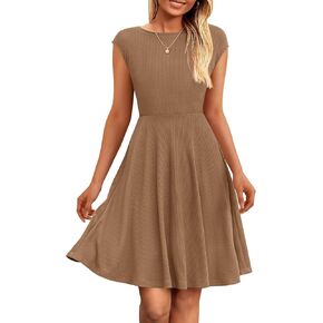 PRETTYGARDEN Womens Short Summer Dresses Crewneck Cap Sleeve Ribbed Knit Casual Flowy A Line Mini Dress with Pockets