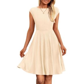 PRETTYGARDEN Womens Short Summer Dresses Crewneck Cap Sleeve Ribbed Knit Casual Flowy A Line Mini Dress with Pockets
