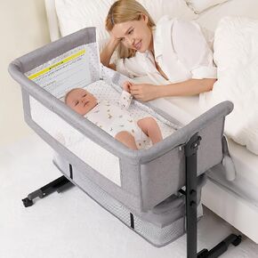 Baby Bassinet, 3 in 1 Bedside Bassinet for Baby, Bassinet Bedside Sleeper with Wheels, Adjustable Height with Rocking Mode, Breathable Mesh, Storage Basket, Easy Assemble & Folding (Dark Gray)