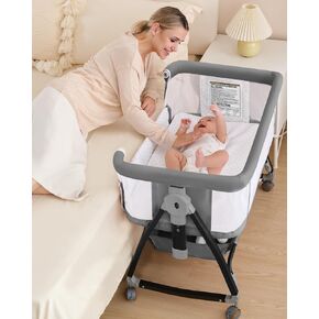 Bedside Bassinet for Baby, 3 in 1 Breathable Mesh Baby Bassinet, 6 Height Adjustable, Easy to Fold, Bassinet Bedside Sleeper with Wheels, Mosquito Net, Storage Basket, Rocking Bassinet for Baby, Pink